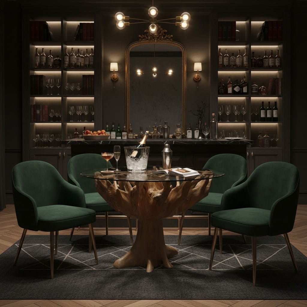 Dining Table Teak Root 1.1m Round Dining Table with Glass Top