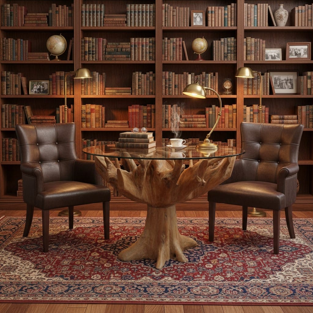 Dining Table Teak Root 1.1m Round Dining Table with Glass Top