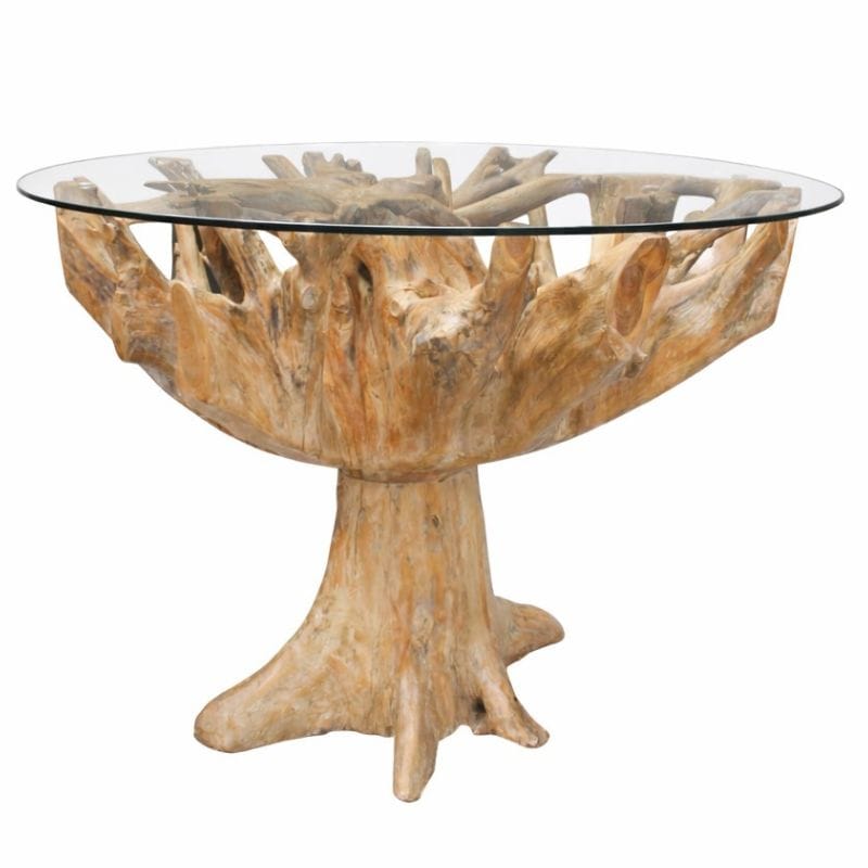 Dining Table Teak Root 1.3m Round Dining Table with Glass Top
