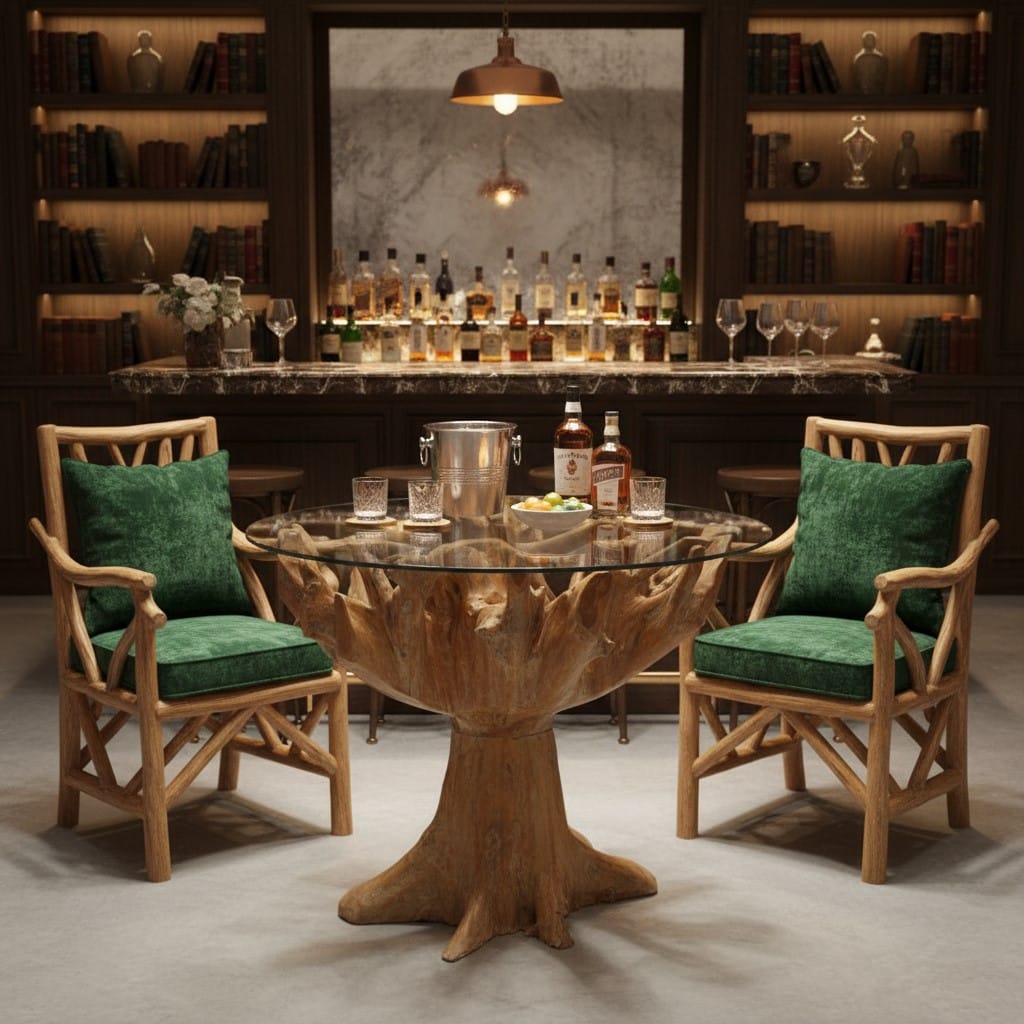 Dining Table Teak Root 1.3m Round Dining Table with Glass Top