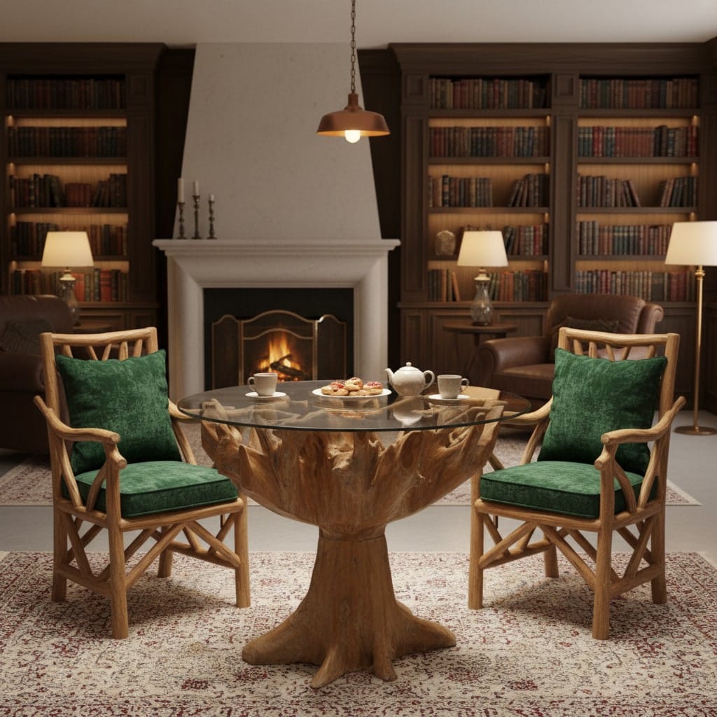 Dining Table Teak Root 1.3m Round Dining Table with Glass Top