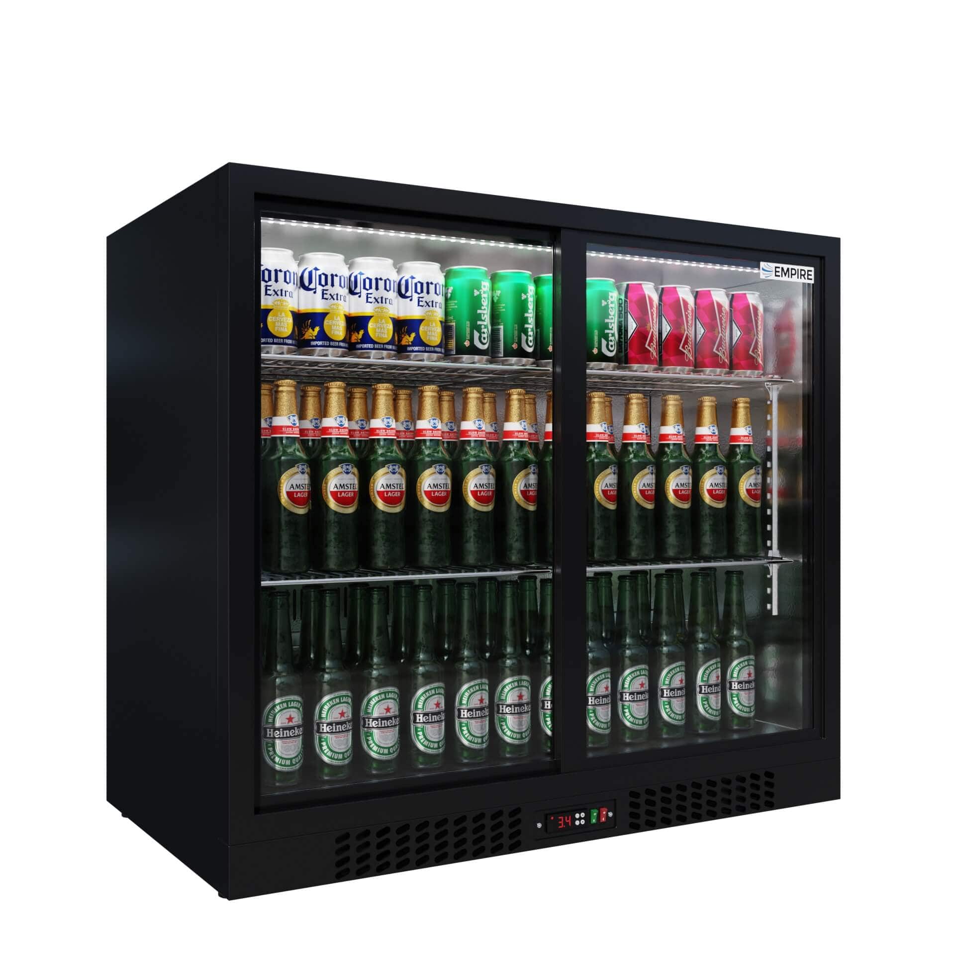 Double Door Bottle Coolers Empire Double Door Bottle Cooler – A Rated Low 835mm Height Sliding Door Commercial Back Bar Fridge