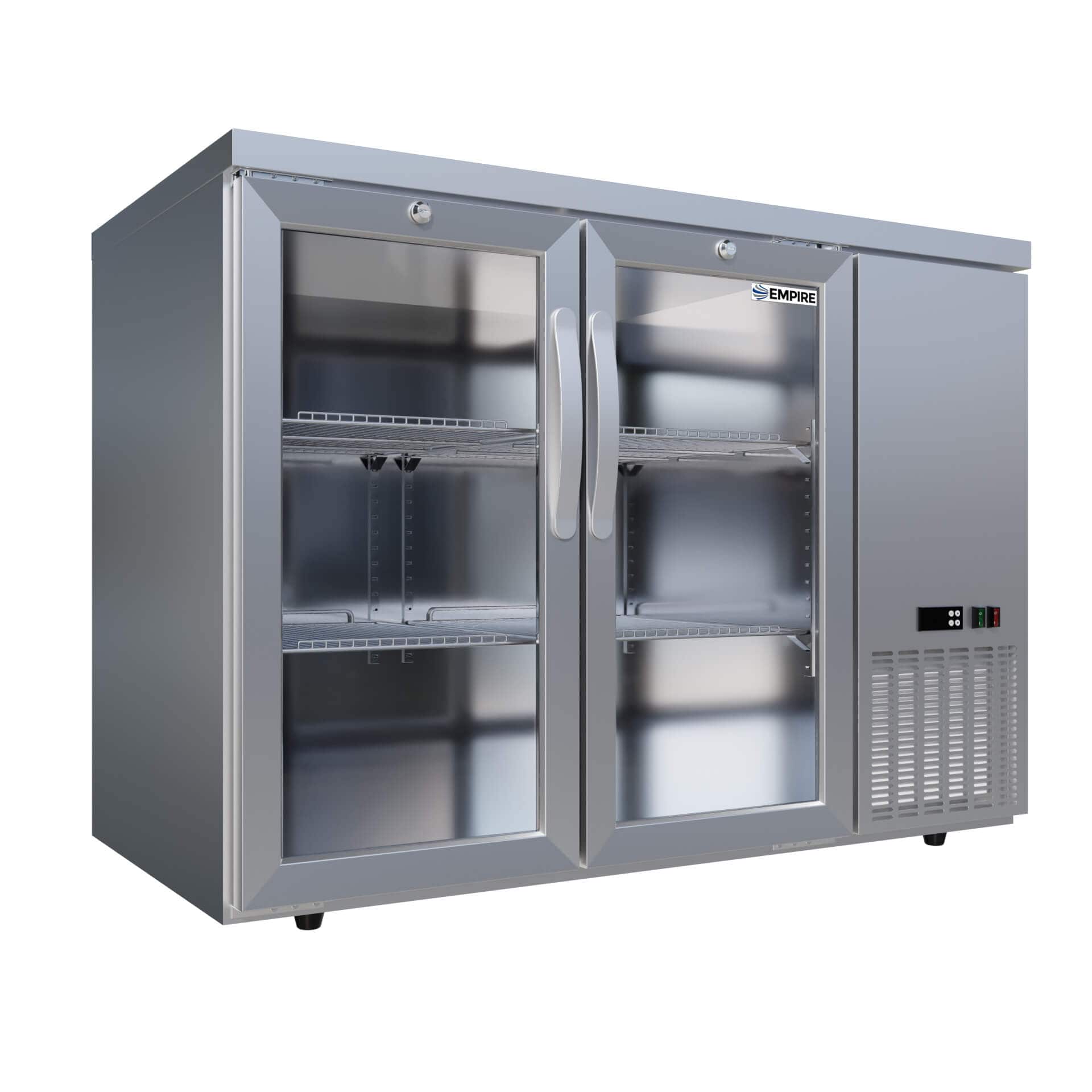 Double Door Bottle Coolers Empire High Capacity Stainless Steel Double Door Bottle Cooler Hinged Undercounter Low Height Side Cooling - CL-305HR