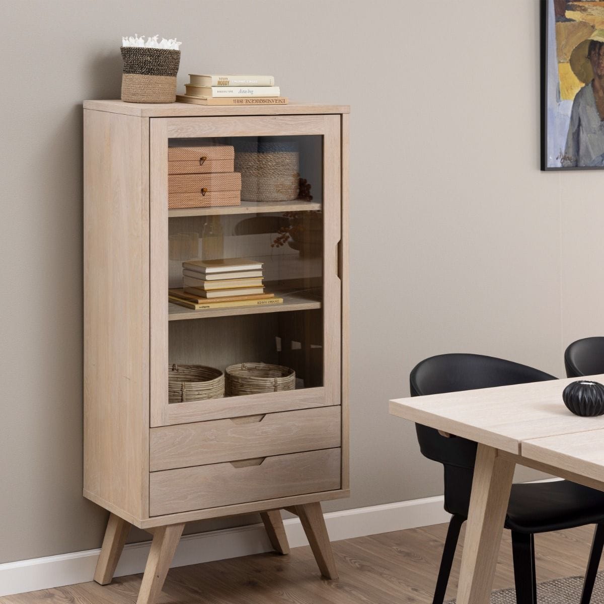 Drawers A-Line Display Cabinet with 2 Drawers and 2 Shelves in White Oak