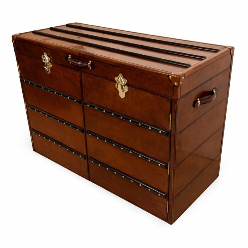 Dresser Handcrafted Leather & Brass Chest of Drawers - Cognac