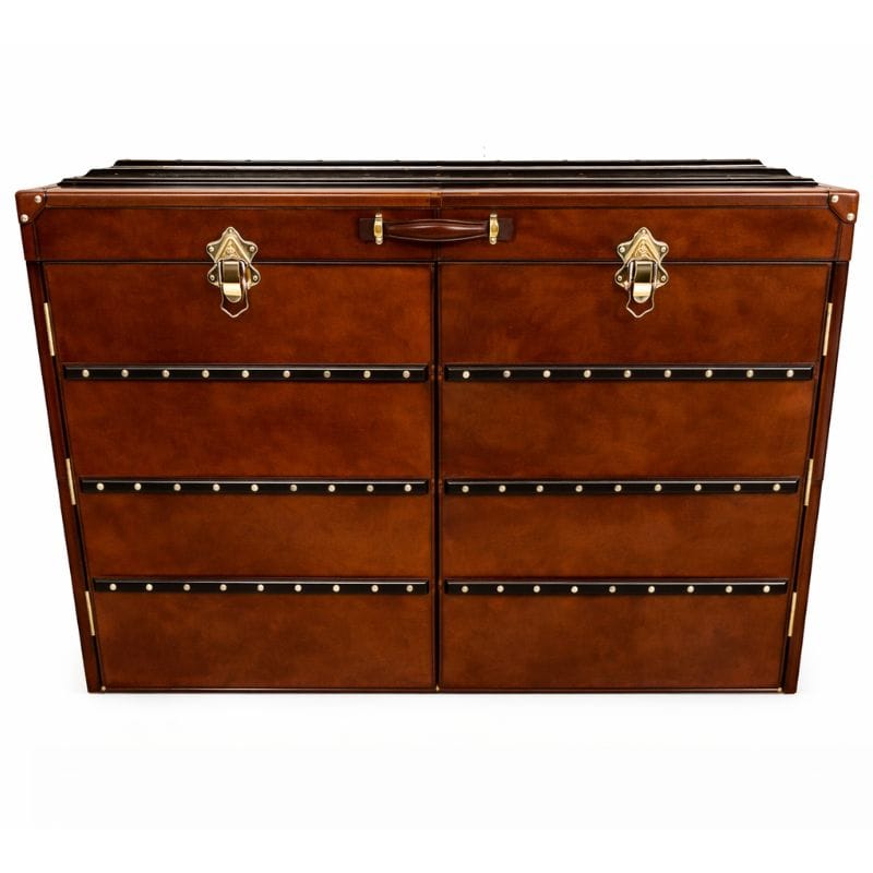 Dresser Handcrafted Leather & Brass Chest of Drawers - Cognac