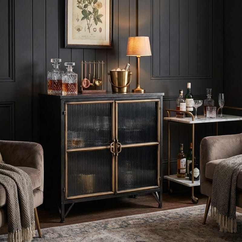 Drinks Cabinet Black and Antique Gold "Orwell" Wide Cabinet