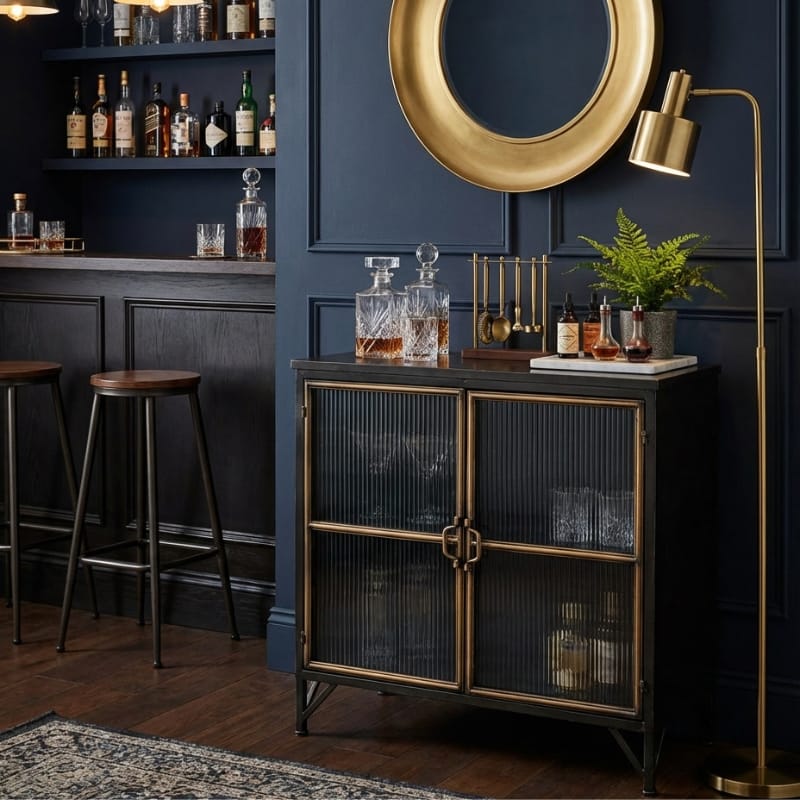 Drinks Cabinet Black and Antique Gold "Orwell" Wide Cabinet