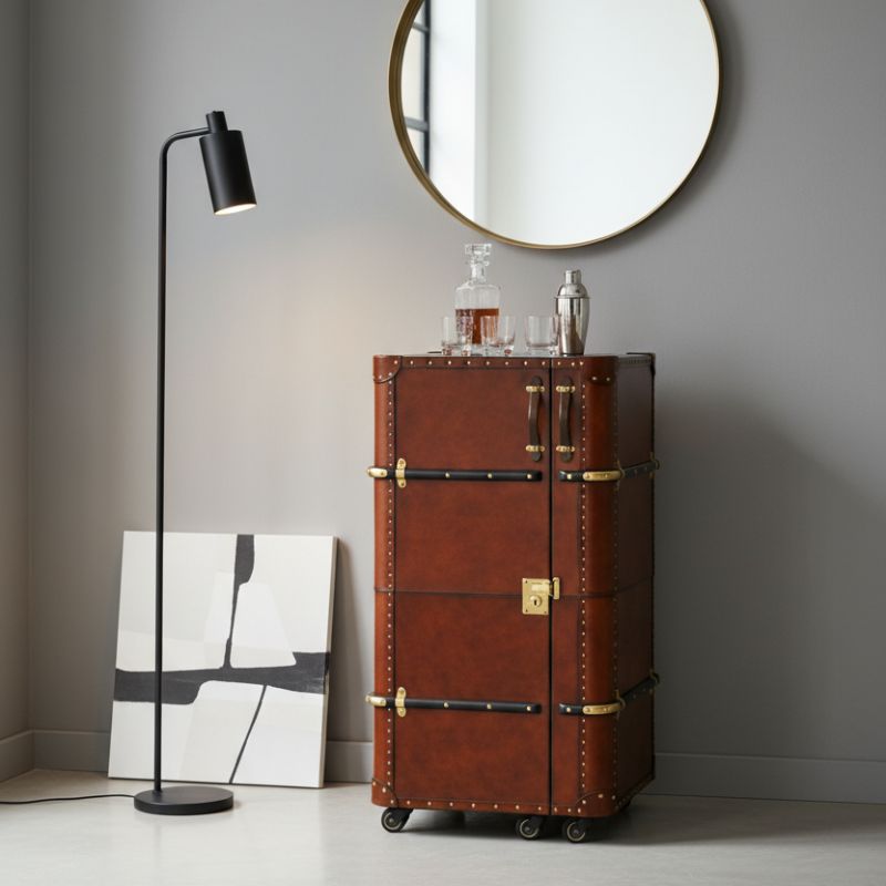 Drinks Cabinet Handcrafted Leather Bar - Cognac