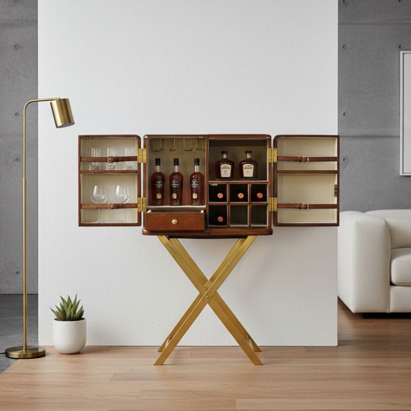 Drinks Cabinet Handcrafted Leather & Brass Bar with Stand - Cognac