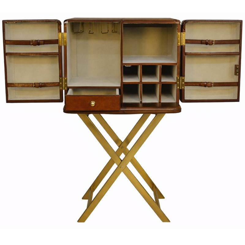 Drinks Cabinet Handcrafted Leather & Brass Bar with Stand - Cognac