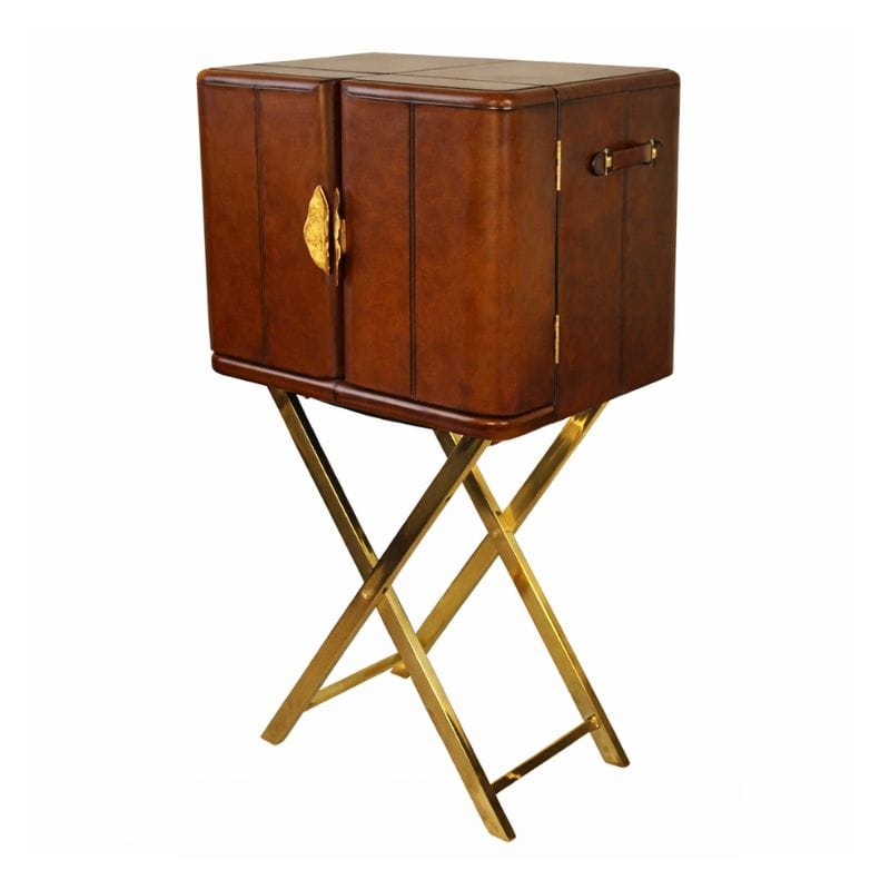 Drinks Cabinet Handcrafted Leather & Brass Bar with Stand - Cognac