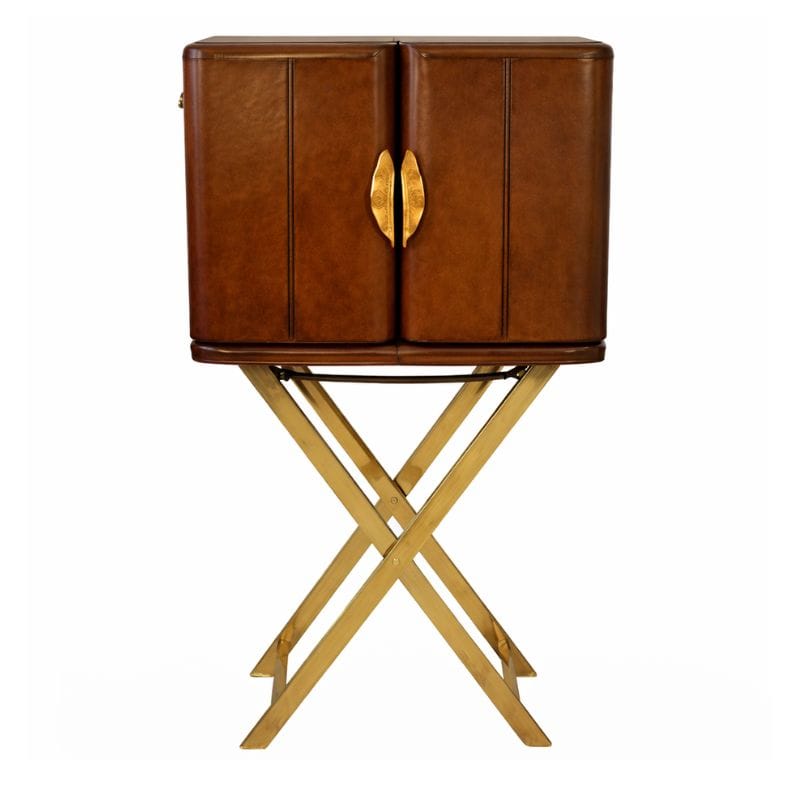 Drinks Cabinet Handcrafted Leather & Brass Bar with Stand - Cognac