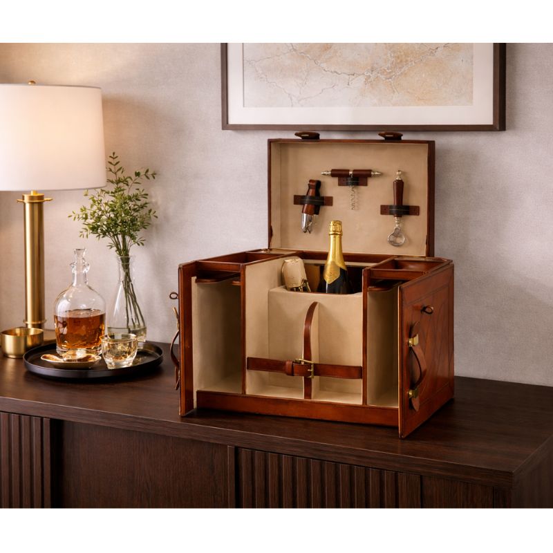 Drinks Cabinet Handcrafted Leather & Brass Mini Bar – Cognac