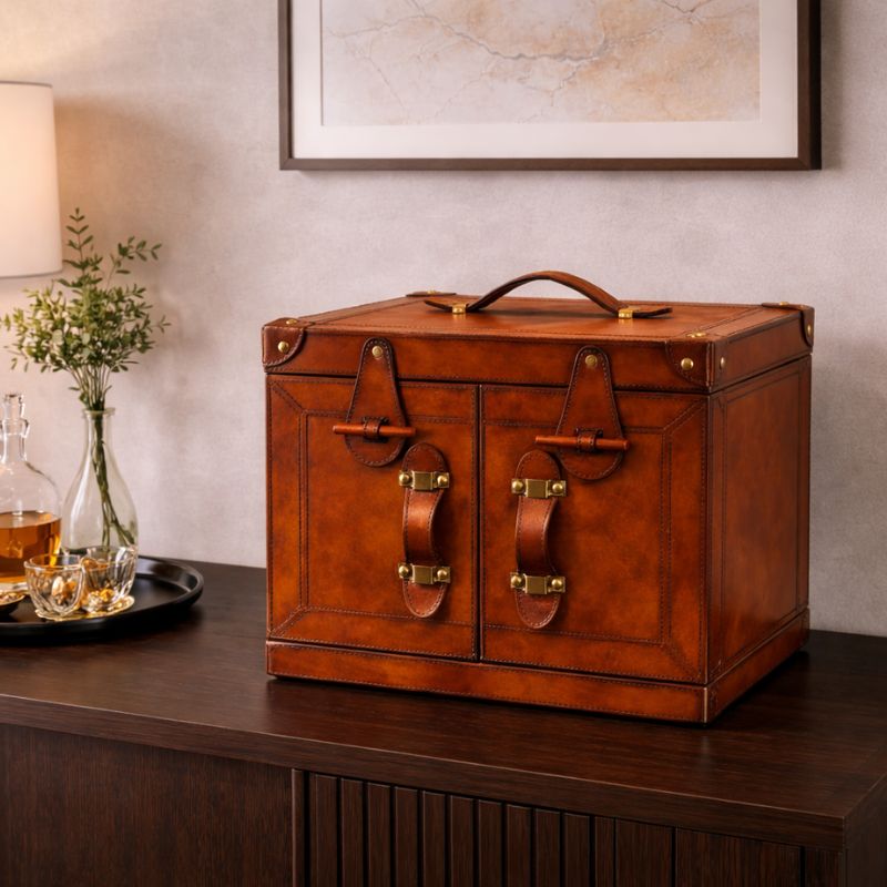 Drinks Cabinet Handcrafted Leather & Brass Mini Bar – Cognac