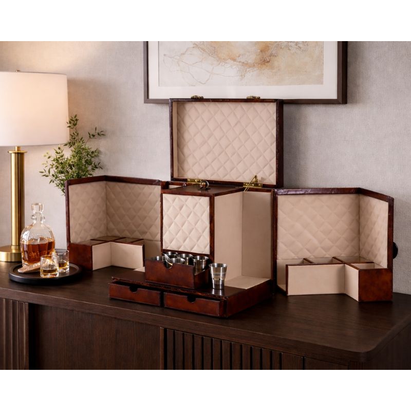 Drinks Cabinet Handcrafted Leather Mini Bar Cabinet – Cognac