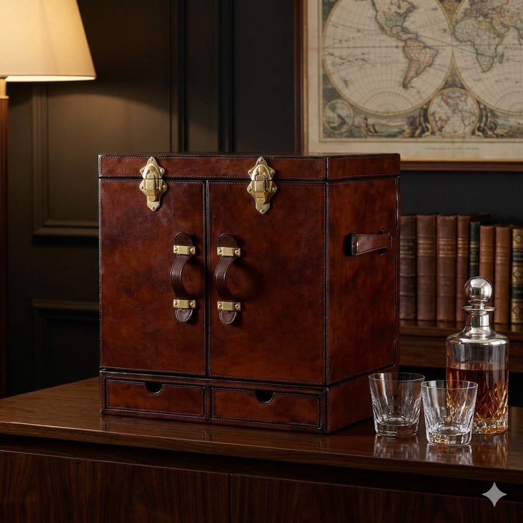 Drinks Cabinet Handcrafted Leather Mini Bar Cabinet – Cognac