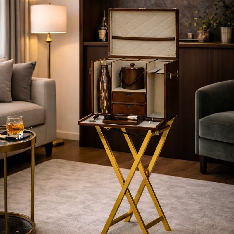 Drinks Cabinet Handcrafted Mini Bar on Gold Stand - Cognac