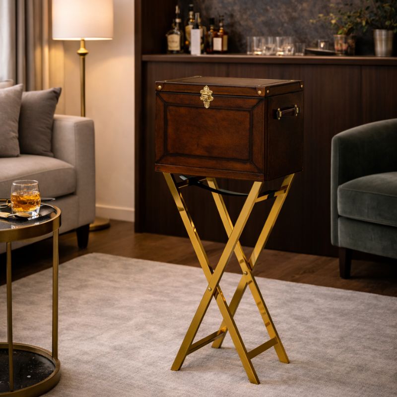 Drinks Cabinet Handcrafted Mini Bar on Gold Stand - Cognac