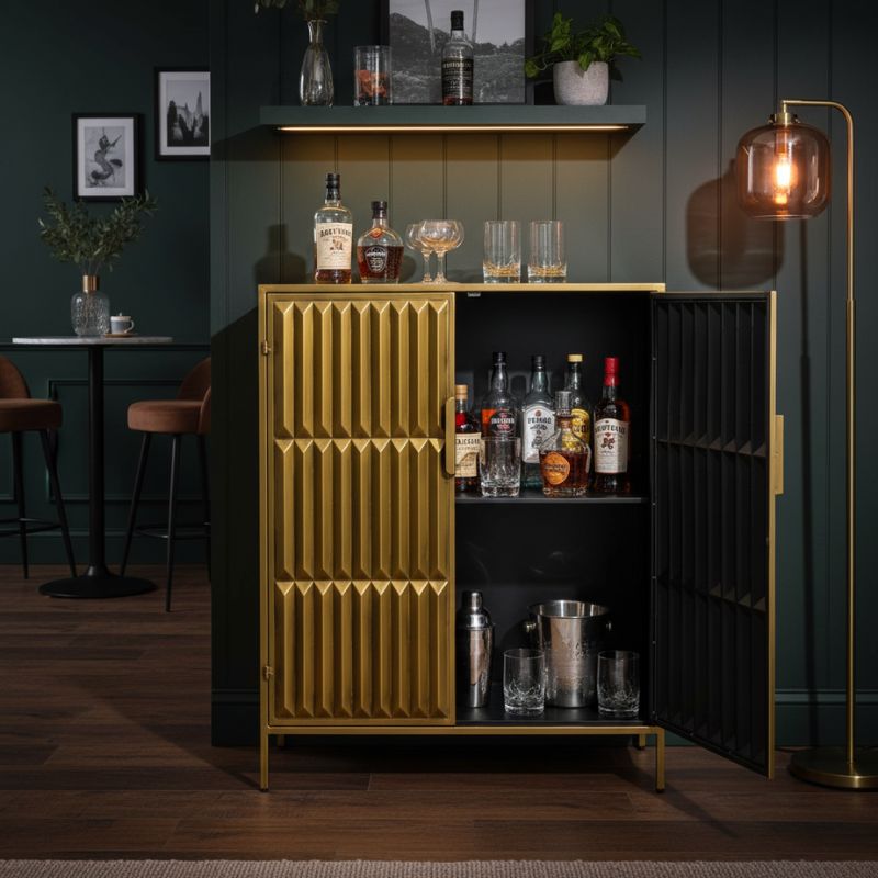 Drinks Cabinet Industrial Gold "Fitzgerald" 2 Door Metal Side Cabinet