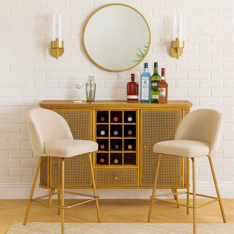 Drinks Cabinet Rustic Metal Rattan and Wood Retro Sideboard Bar Unit