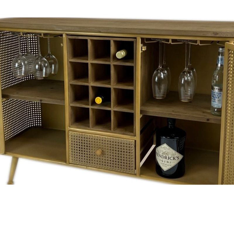 Drinks Cabinet Rustic Metal Rattan and Wood Retro Sideboard Bar Unit