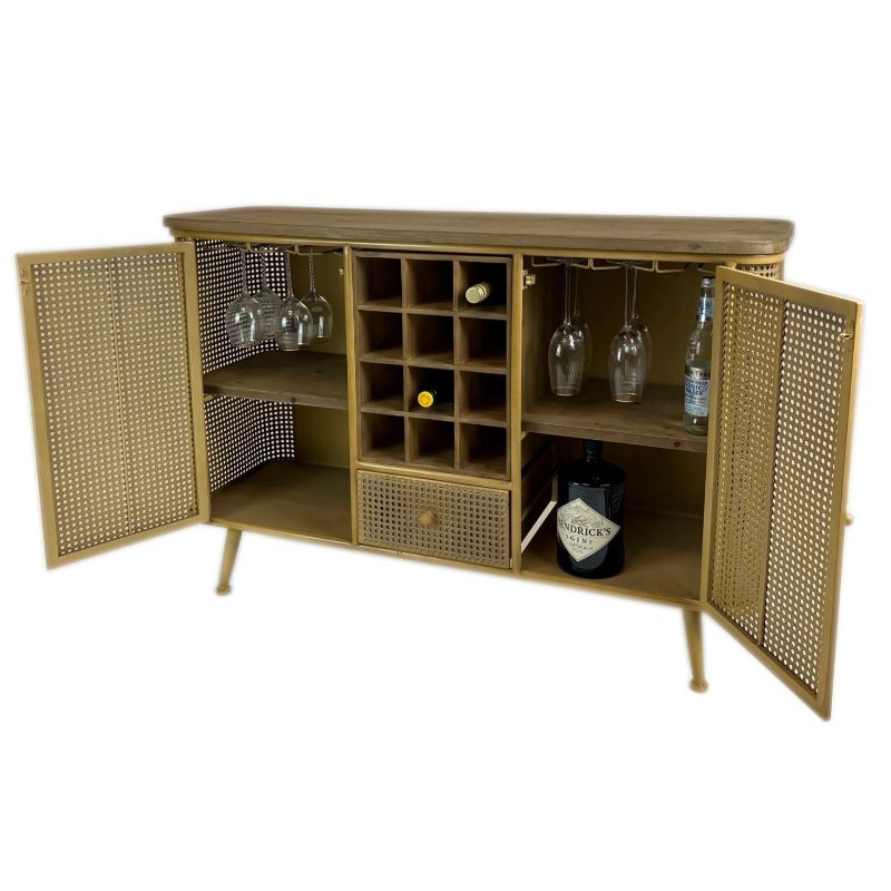 Drinks Cabinet Rustic Metal Rattan and Wood Retro Sideboard Bar Unit