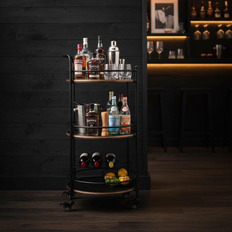 Drinks Trolley Antiqued Black & Gold 3-Tier Drinks Trolley