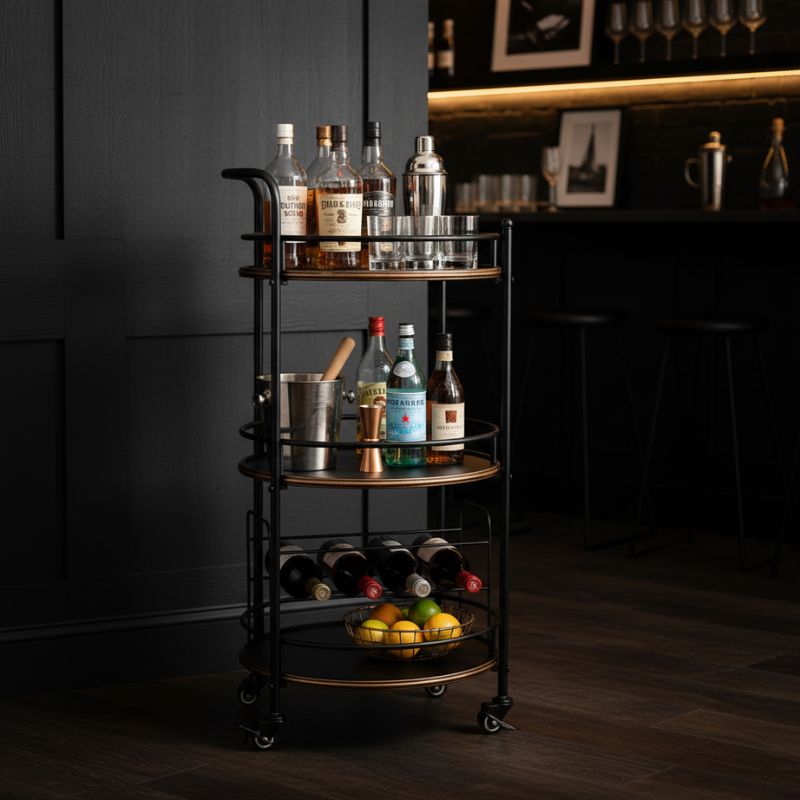 Drinks Trolley Antiqued Black & Gold 3-Tier Drinks Trolley