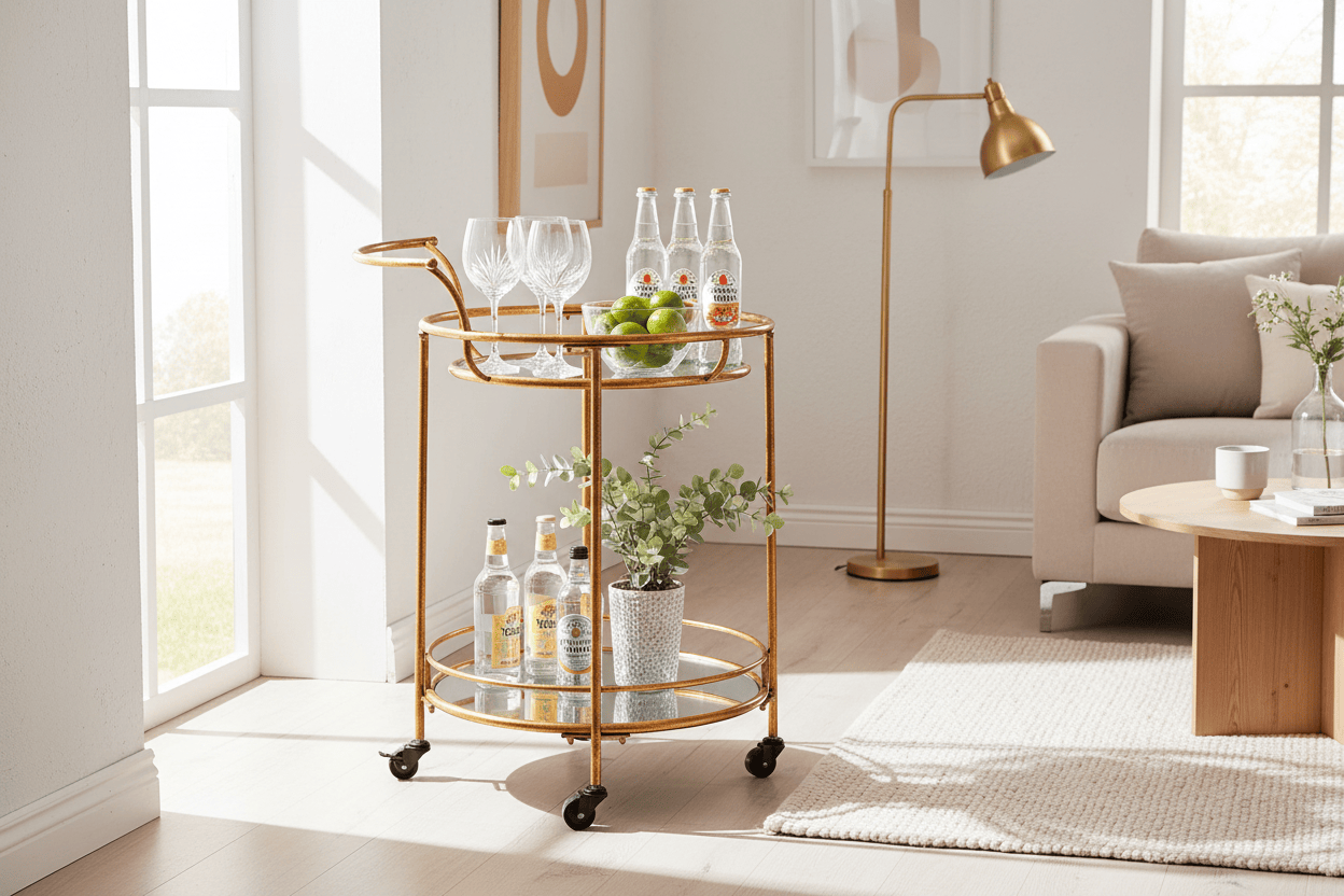 Drinks Trolley Aurelie Round Drinks Trolley – Warm Gold & Mirror
