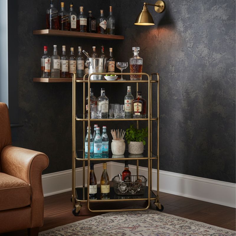 Drinks Trolley Gold Frame & Mirror Shelf Drinks Trolley