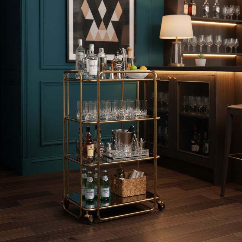 Drinks Trolley Gold Frame & Mirror Shelf Drinks Trolley