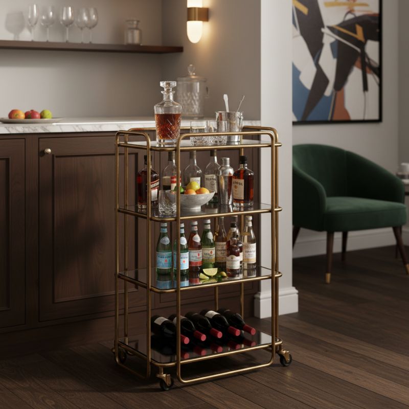 Drinks Trolley Gold Frame & Mirror Shelf Drinks Trolley