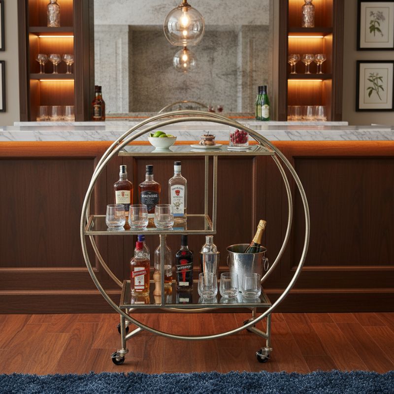 Drinks Trolley Round Silver/Champagne Mirror Drinks Trolley