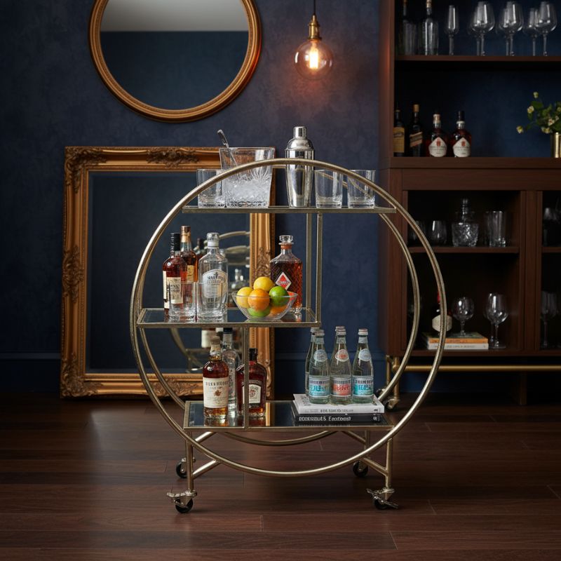 Drinks Trolley Round Silver/Champagne Mirror Drinks Trolley