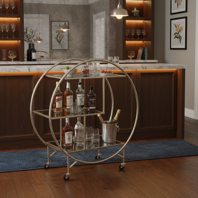 Drinks Trolley Round Silver/Champagne Mirror Drinks Trolley
