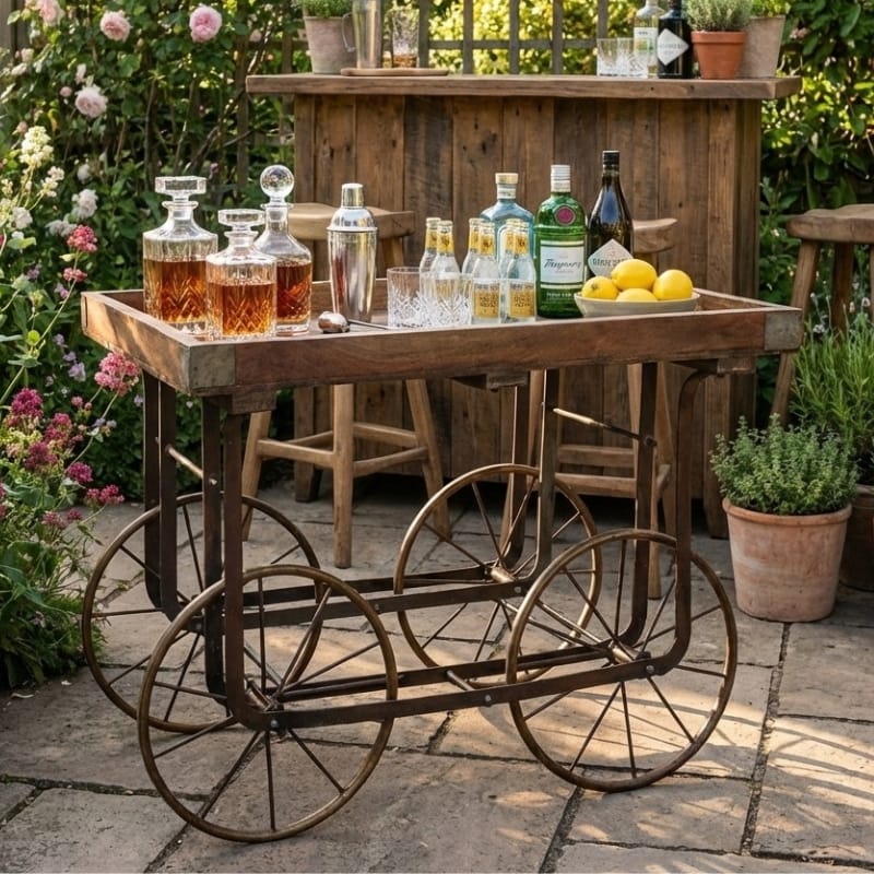 Drinks Trolley Rustic Iron & Wood Bar Trolley – Industrial Drinks Cart
