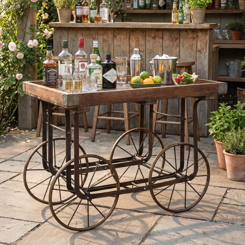 Drinks Trolley Rustic Iron & Wood Bar Trolley – Industrial Drinks Cart