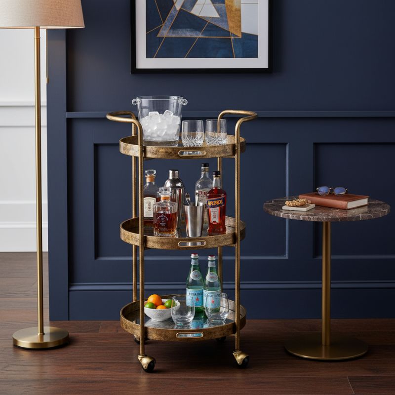 Drinks Trolley Three-Tier Antique Gold Drinks Trolley with Patterned Glass Trays