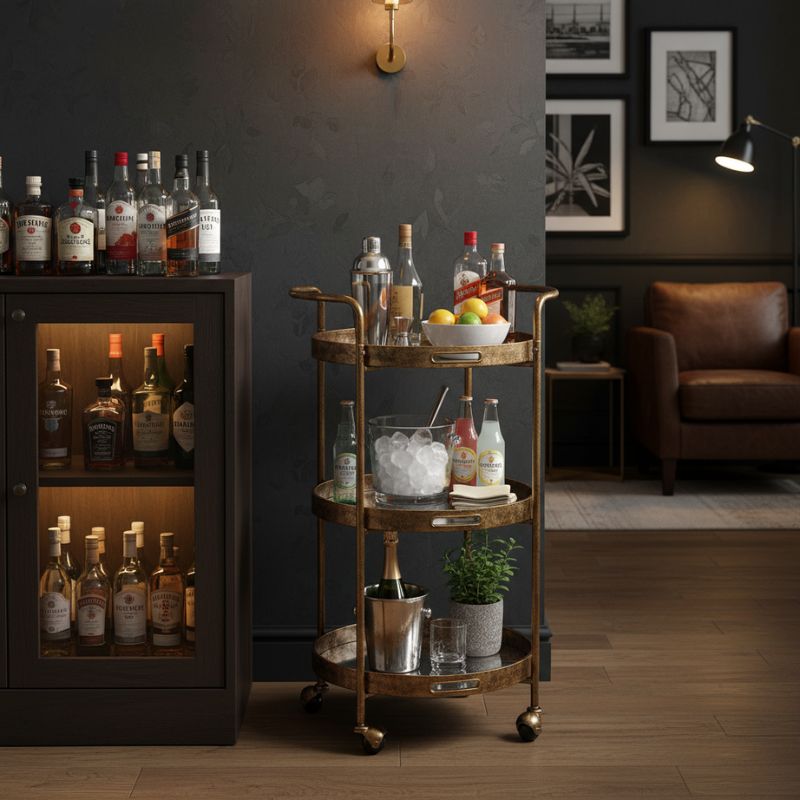 Drinks Trolley Three-Tier Antique Gold Drinks Trolley with Patterned Glass Trays