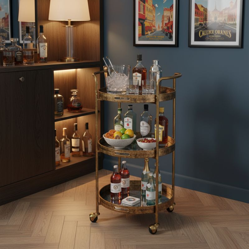 Drinks Trolley Three-Tier Antique Gold Drinks Trolley with Patterned Glass Trays
