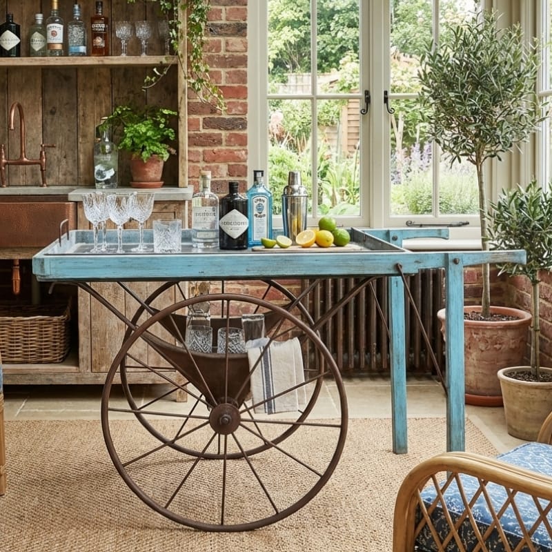 Drinks Trolley Vintage Iron & Wood Serving Cart with Removable Tray – Rustic Bar Trolley