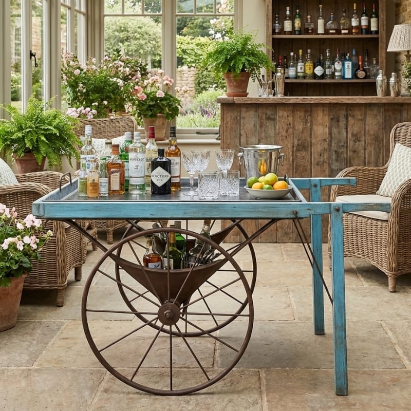 Drinks Trolley Vintage Iron & Wood Serving Cart with Removable Tray – Rustic Bar Trolley
