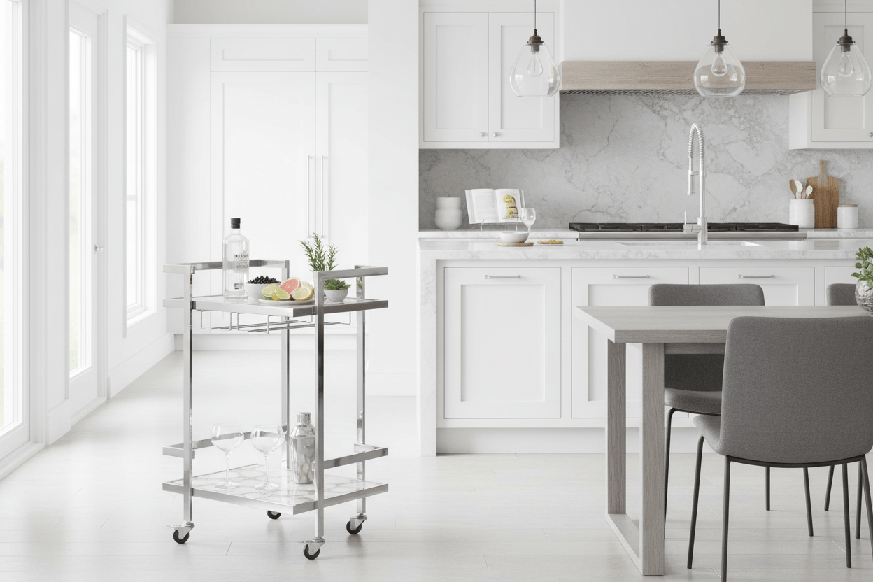 Drinks Trolley Vita 2-Tier Drinks Trolley – White Agate & Chrome