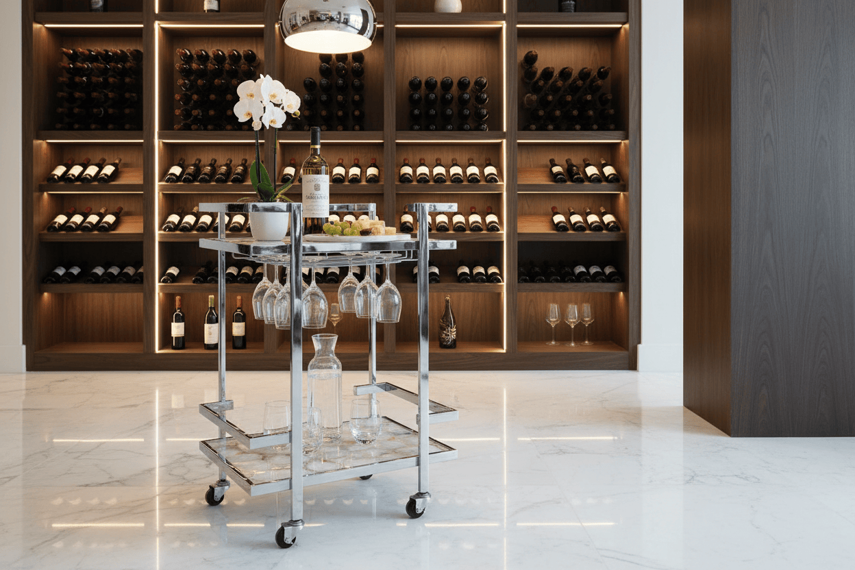 Drinks Trolley Vita 2-Tier Drinks Trolley – White Agate & Chrome