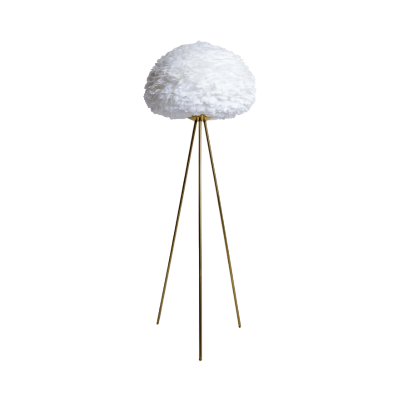 Floor Lamp Brushed Brass Tripod Floor Lamp with White Feather Shade