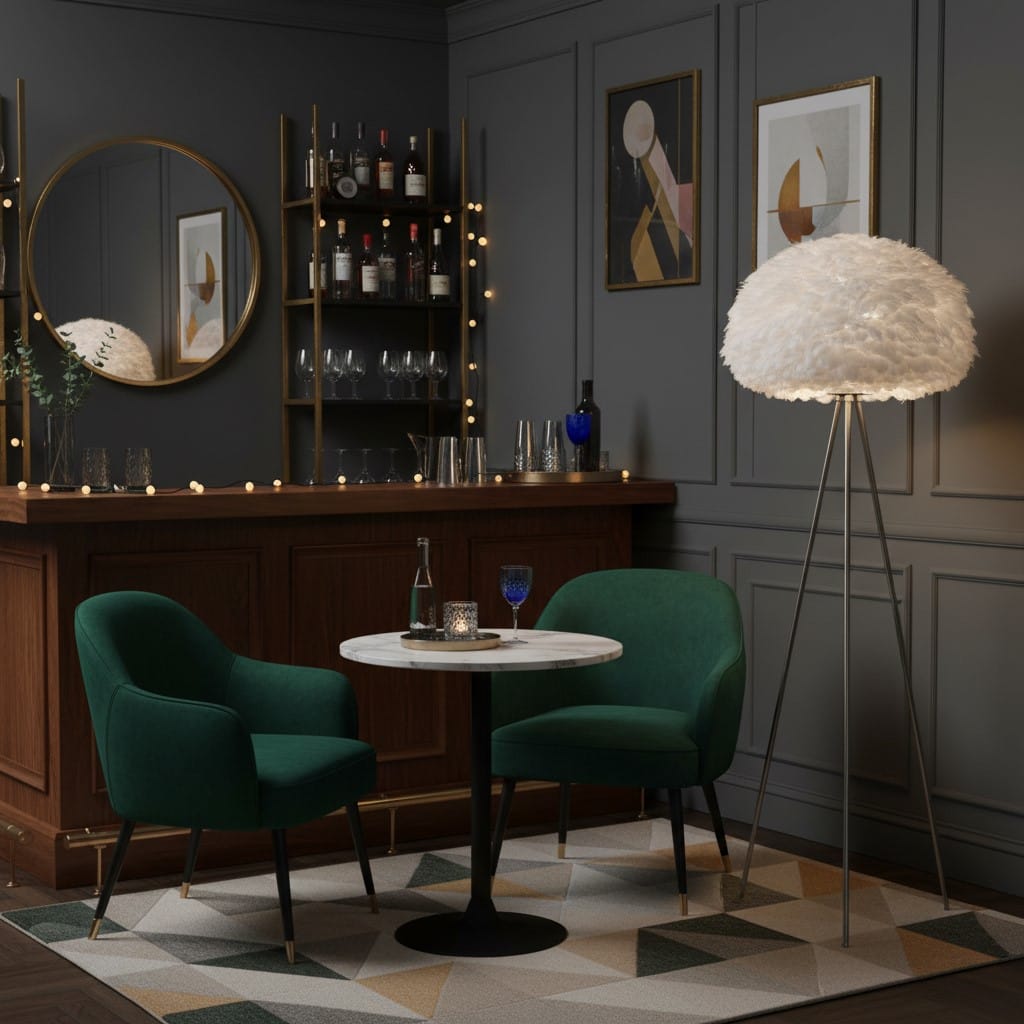 Floor Lamp Chrome Tripod Floor Lamp with White Feather Shade
