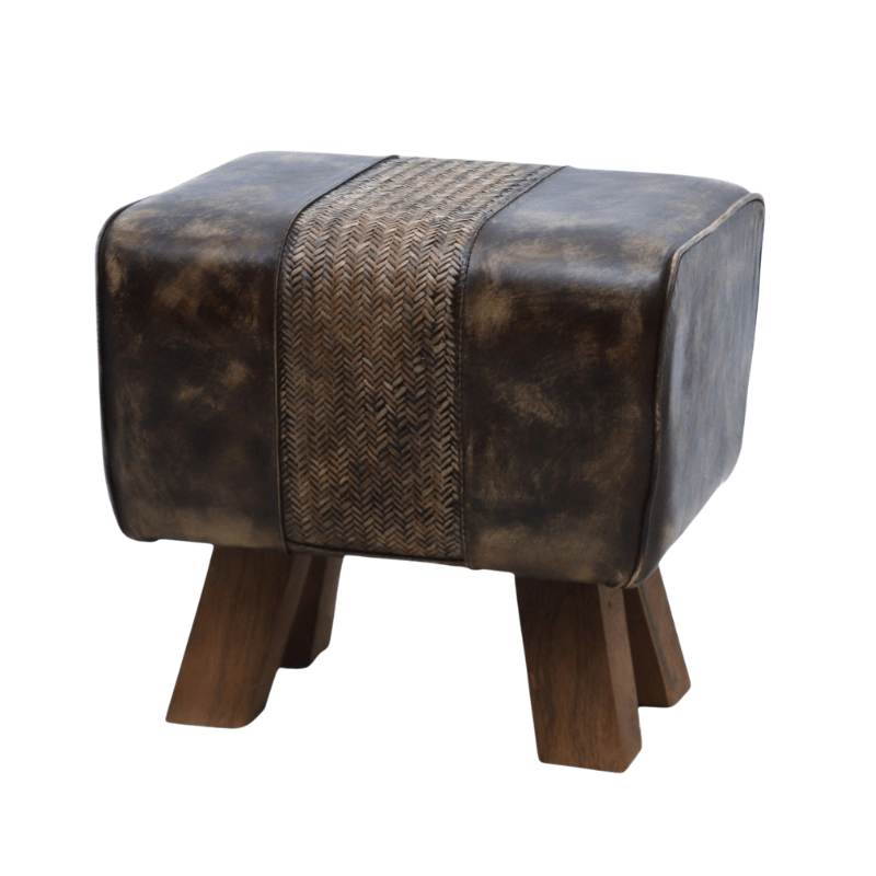 Foot stools 40Cm Brown Tan Leather Wooden Stool
