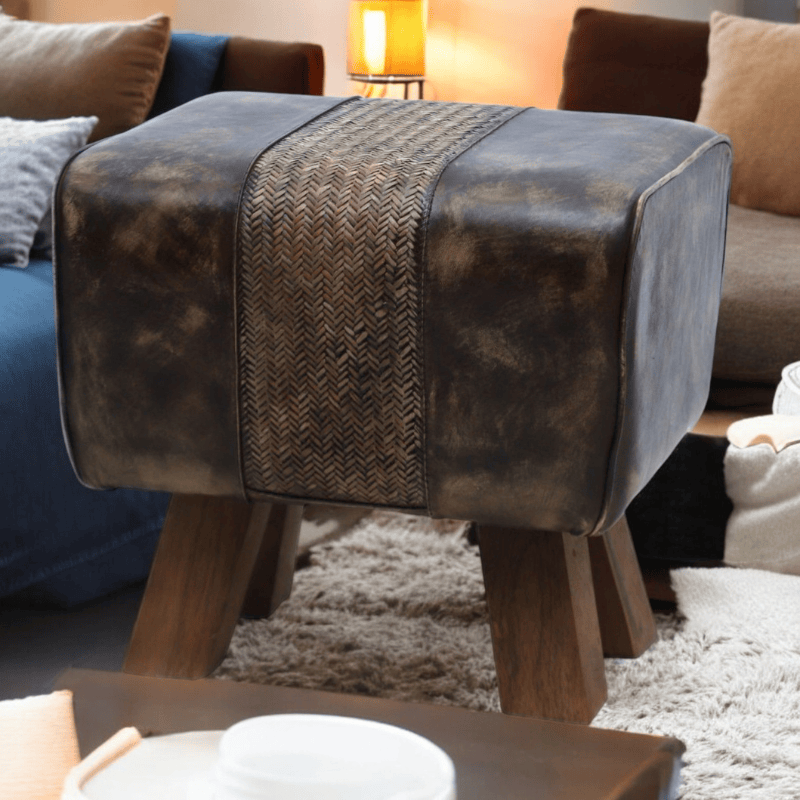 Foot stools 40Cm Brown Tan Leather Wooden Stool