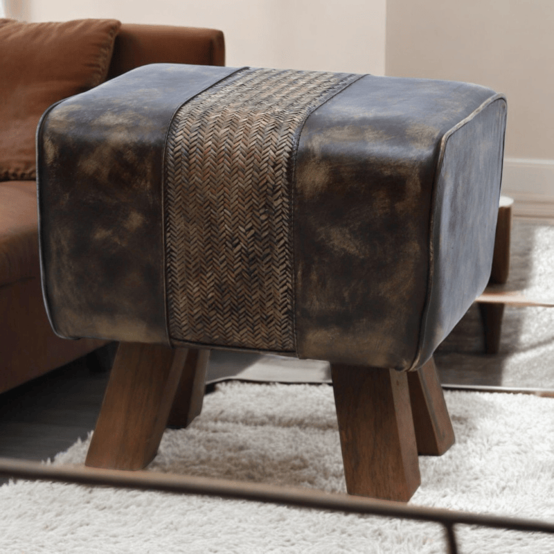 Foot stools 40Cm Brown Tan Leather Wooden Stool